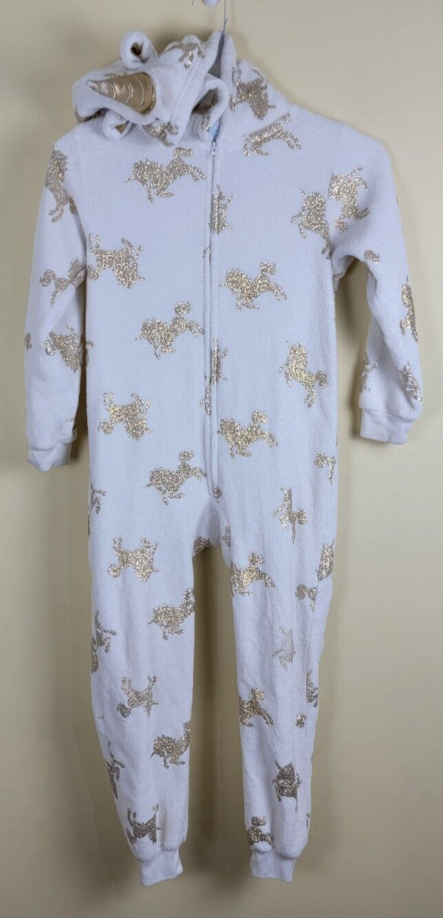 The Children's Place Unicorn One Piece Hooded White & Gold Pajamas M/M 7/8